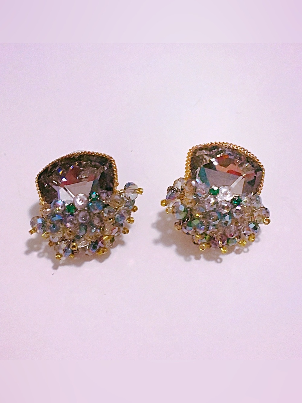 Gold Crystal Zoe Cluster Earrings in Dark Gray & Green with Bead & Chain Detail